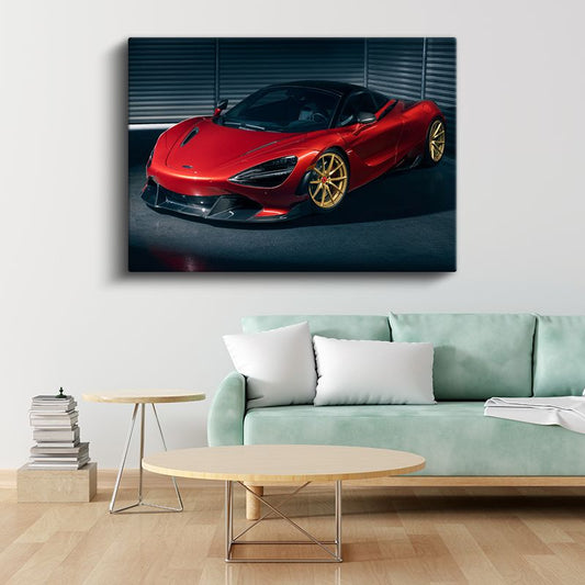 McLaren 720S - Kırmızı Gövde ve Altın Jantlı Süper Otomobil Kanvas Tablo