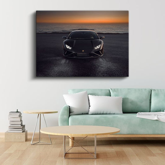 Lamborghini Huracan - Gün Batımında Siyah Süper Otomobil Kanvas Tablo