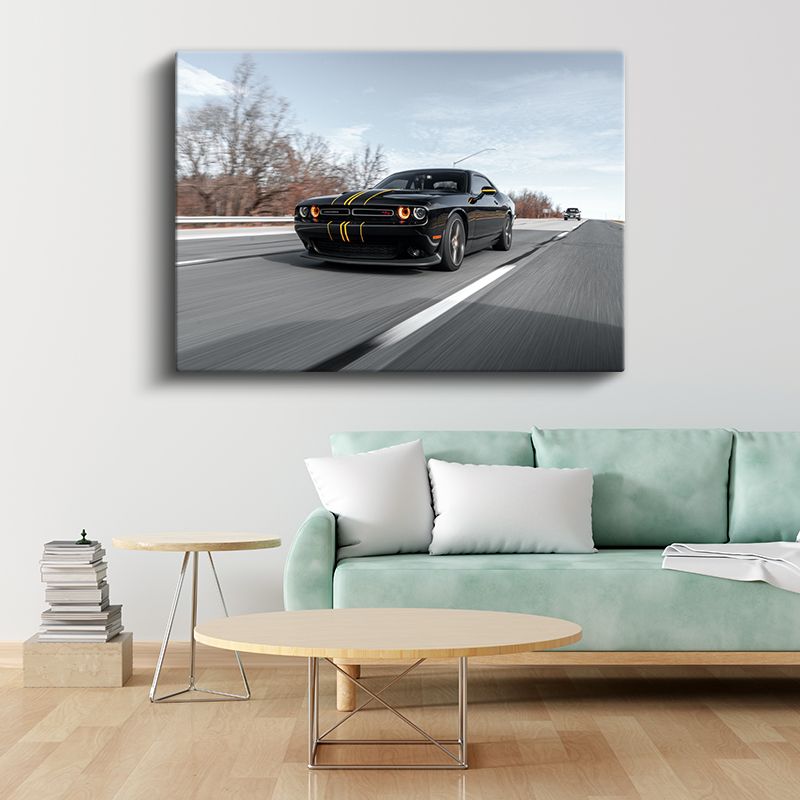 Dodge Challenger - Çift Sarı Şeritli Amerikan Muscle Car Kanvas Tablo