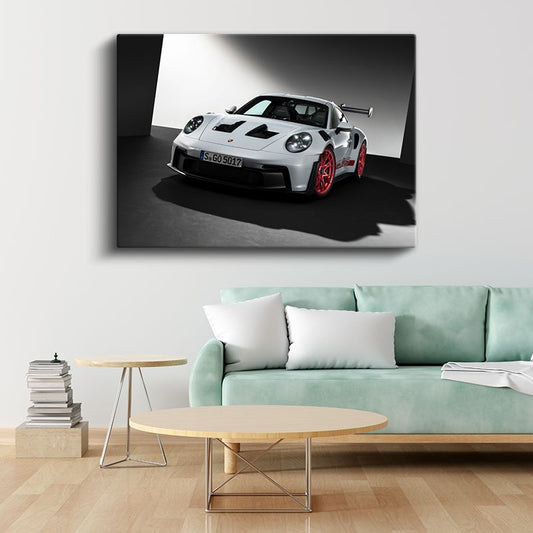 Porsche 911 GT3 RS - Beyaz Yarış Otomobili Kırmızı Jantlar Kanvas Tablo