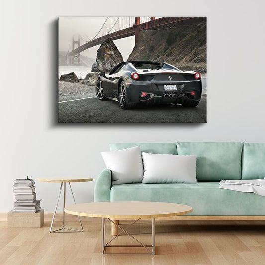 Ferrari 458 Spider - Golden Gate Köprüsü Manzaralı Siyah İtalyan Kanvas Tablo