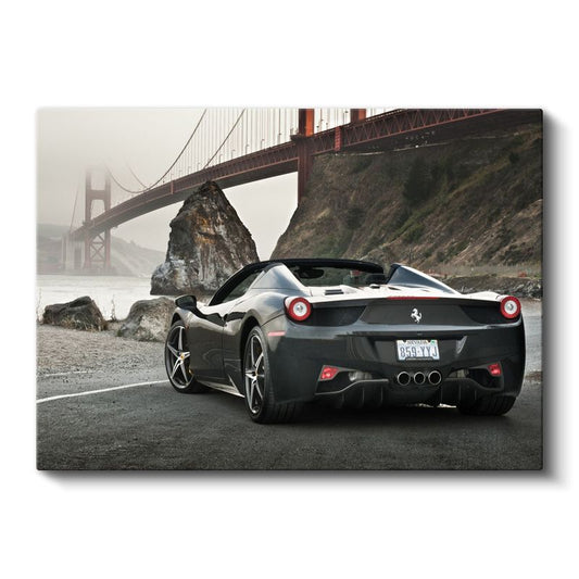 Ferrari 458 Spider - Golden Gate Köprüsü Manzaralı Siyah İtalyan Kanvas Tablo