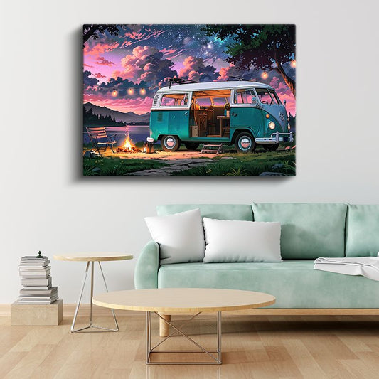 Volkswagen T1 - Turkuaz Kamp Minibüsü Gün Batımı Kanvas Tablo