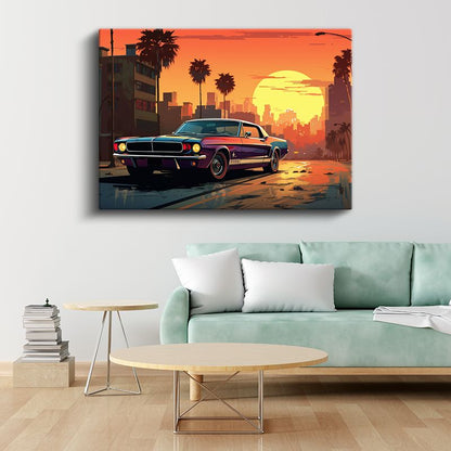 Ford Mustang GT - Gün Batımı Şehir Manzarası Kanvas Tablo
