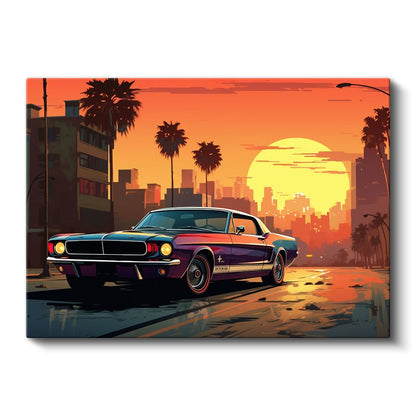 Ford Mustang GT - Gün Batımı Şehir Manzarası Kanvas Tablo