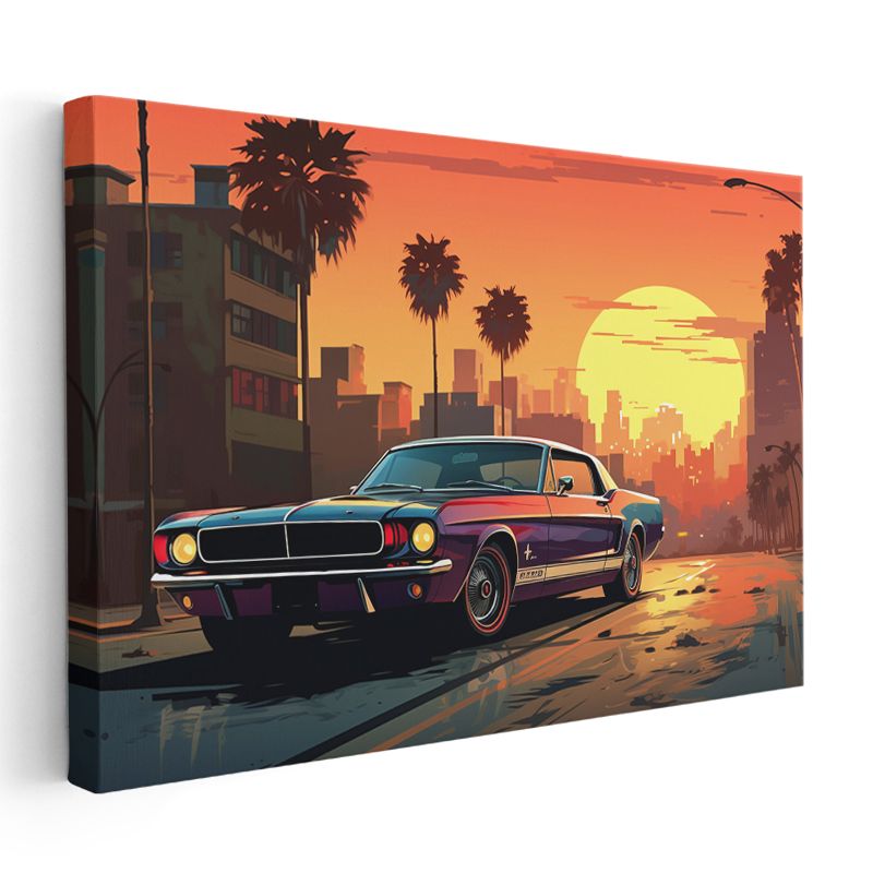 Ford Mustang GT - Gün Batımı Şehir Manzarası Kanvas Tablo