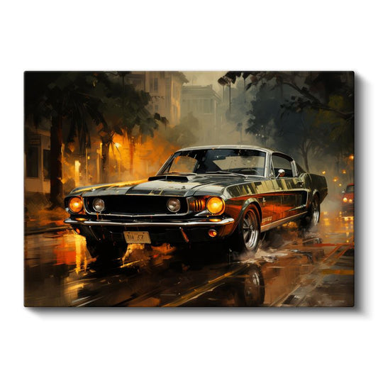 Ford Mustang Fastback - Yağmurlu Gece Şehir Kanvas Tablo