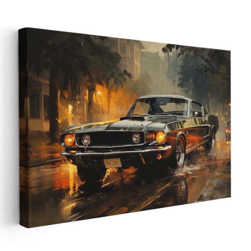 Ford Mustang Fastback - Yağmurlu Gece Şehir Kanvas Tablo