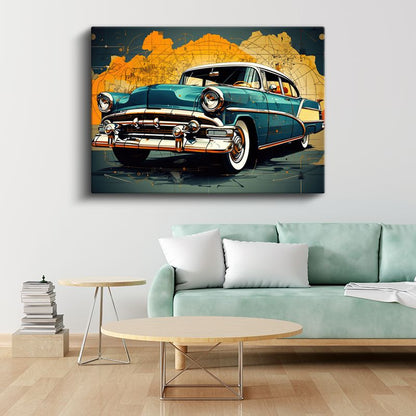Klasik Amerikan Arabası - Retro Turkuaz Cadillac Sanat Eseri Kanvas Tablo