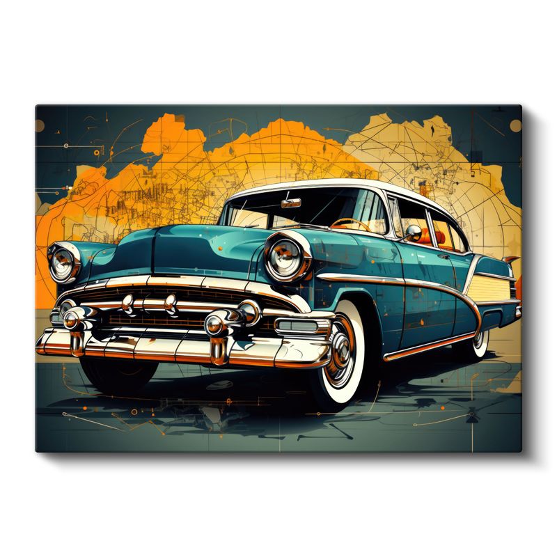 Klasik Amerikan Arabası - Retro Turkuaz Cadillac Sanat Eseri Kanvas Tablo