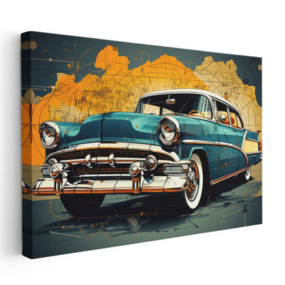 Klasik Amerikan Arabası - Retro Turkuaz Cadillac Sanat Eseri Kanvas Tablo