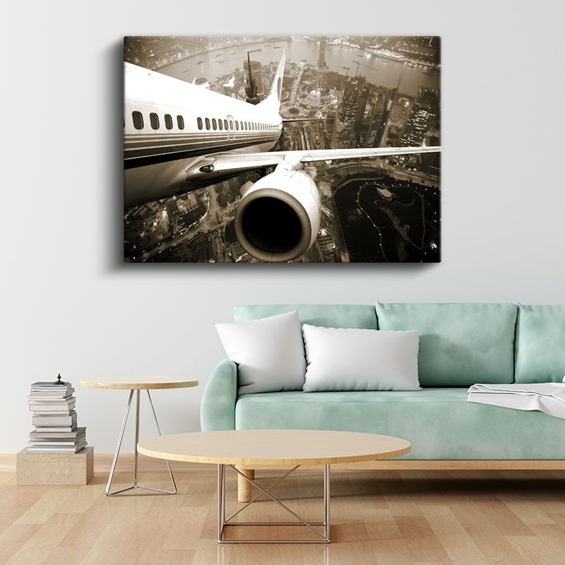 Yolcu Uçağı - Şehir Manzarası Üzerinde Uçan Jet Kanvas Tablo