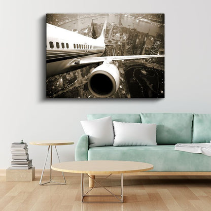 Yolcu Uçağı - Şehir Manzarası Üzerinde Uçan Jet Kanvas Tablo