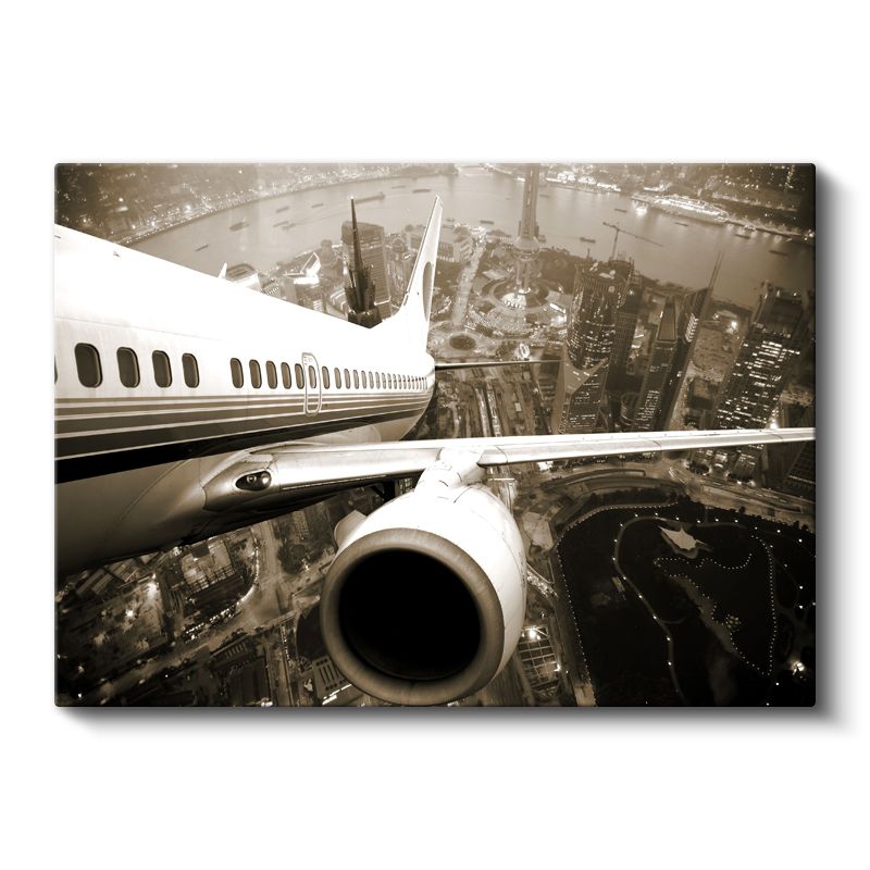 Yolcu Uçağı - Şehir Manzarası Üzerinde Uçan Jet Kanvas Tablo