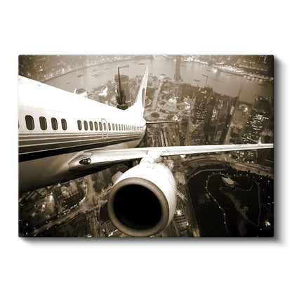 Yolcu Uçağı - Şehir Manzarası Üzerinde Uçan Jet Kanvas Tablo