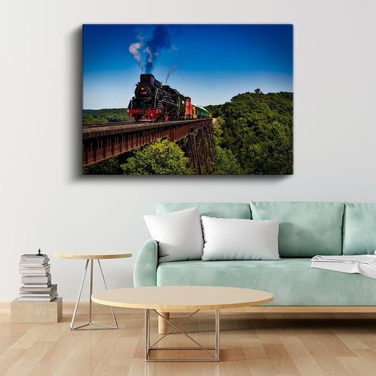 Buharlı Lokomotif 5918 - Köprü Üzerinde İlerleyen Renkli Vagonlar Kanvas Tablo