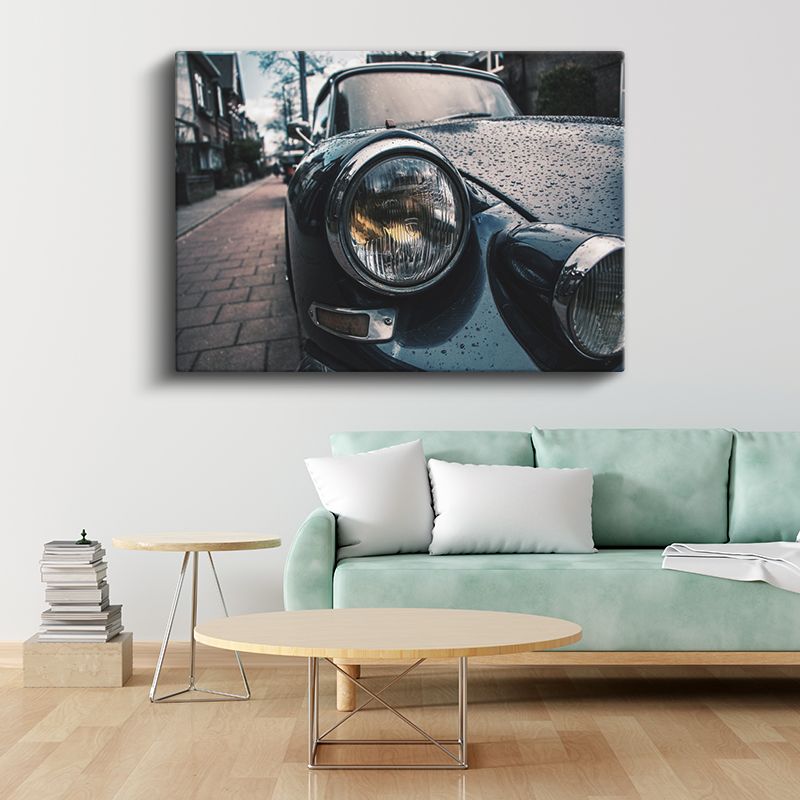 Klasik Otomobil Farı - Yağmur Damlalarıyla Nostaljik Detay Kanvas Tablo