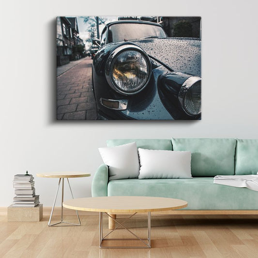 Klasik Otomobil Farı - Yağmur Damlalarıyla Nostaljik Detay Kanvas Tablo
