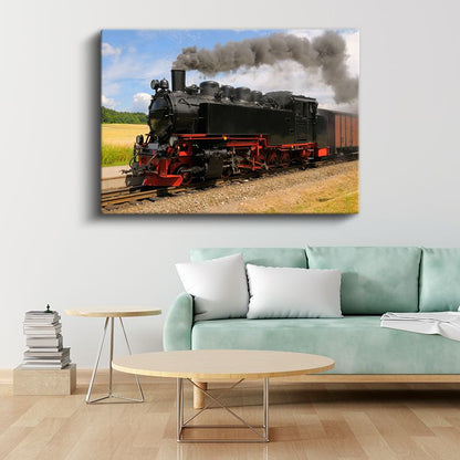 Buharlı Lokomotif - Kırmızı Detaylı Kara Tren Kanvas Tablo
