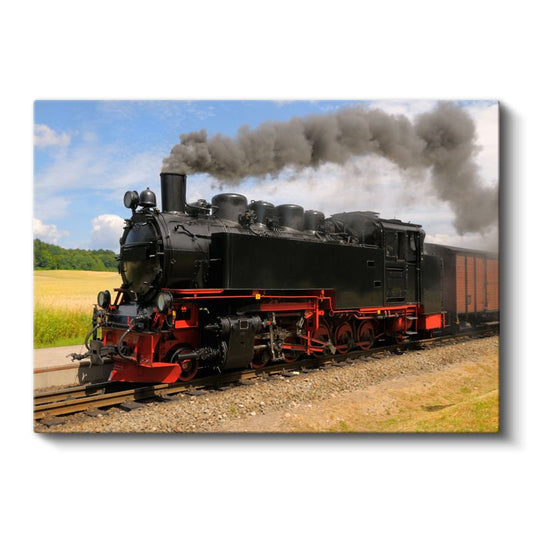 Buharlı Lokomotif - Kırmızı Detaylı Kara Tren Kanvas Tablo