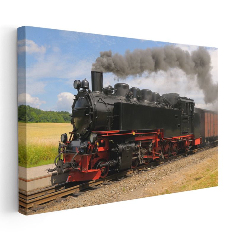 Buharlı Lokomotif - Kırmızı Detaylı Kara Tren Kanvas Tablo