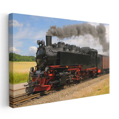Buharlı Lokomotif - Kırmızı Detaylı Kara Tren Kanvas Tablo