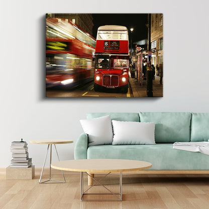 Londra Otobüsü - Gece Şehir Işıklarında Kırmızı Çift Katlı Kanvas Tablo