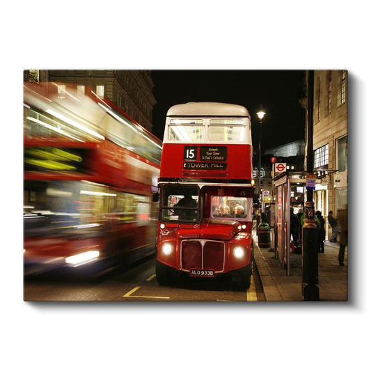Londra Otobüsü - Gece Şehir Işıklarında Kırmızı Çift Katlı Kanvas Tablo