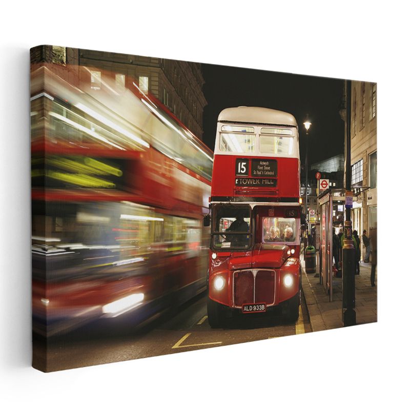 Londra Otobüsü - Gece Şehir Işıklarında Kırmızı Çift Katlı Kanvas Tablo