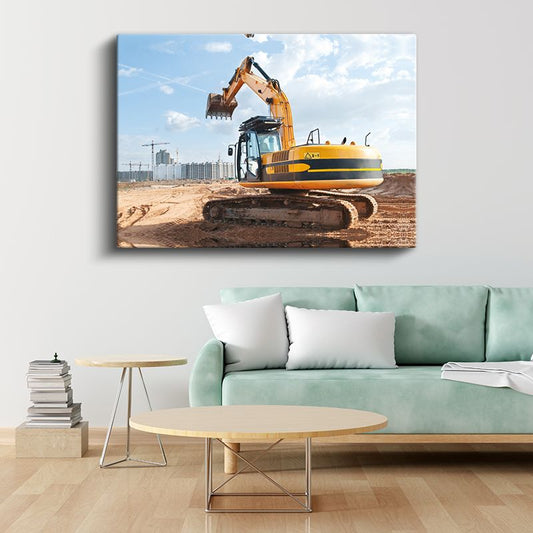 Ekskavatör - İnşaat Alanında İş Makinesi Kanvas Tablo