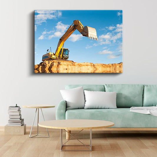 Sarı Ekskavatör - Toprak Zeminde İş Gücü Kanvas Tablo