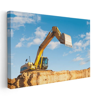 Sarı Ekskavatör - Toprak Zeminde İş Gücü Kanvas Tablo