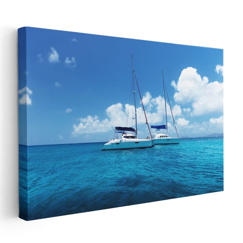 Katamaran Yelkenli - Turkuaz Sularda İkiz Gövde Kanvas Tablo