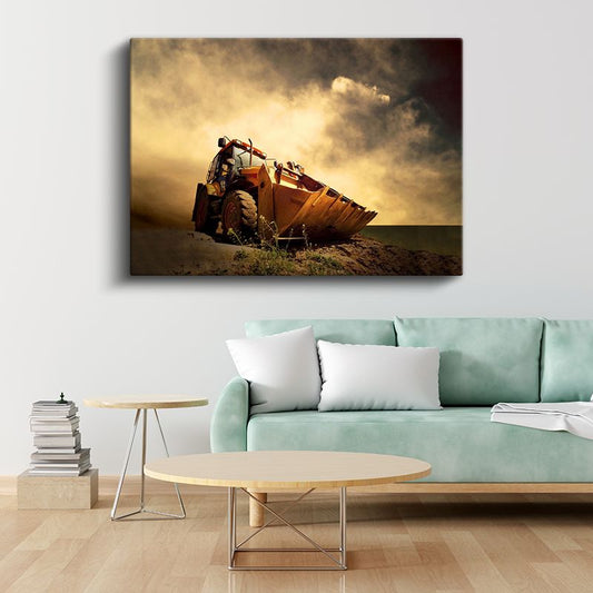 Caterpillar Kepçe - Gün Batımında İş Makinesi Kanvas Tablo