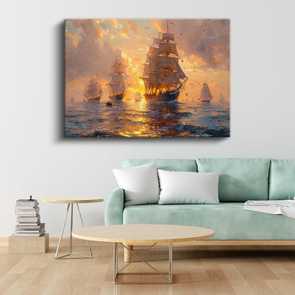 Yelkenli Gemiler - Gün Batımında Denizde Yolculuk Kanvas Tablo
