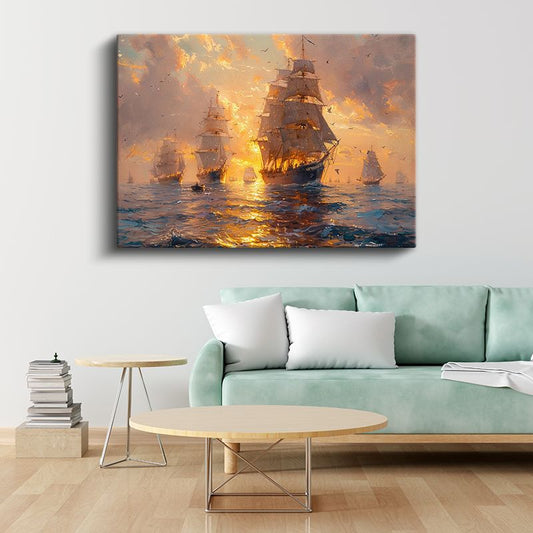 Yelkenli Gemiler - Gün Batımında Denizde Yolculuk Kanvas Tablo