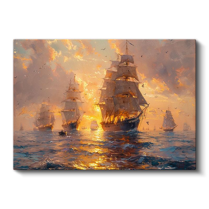 Yelkenli Gemiler - Gün Batımında Denizde Yolculuk Kanvas Tablo