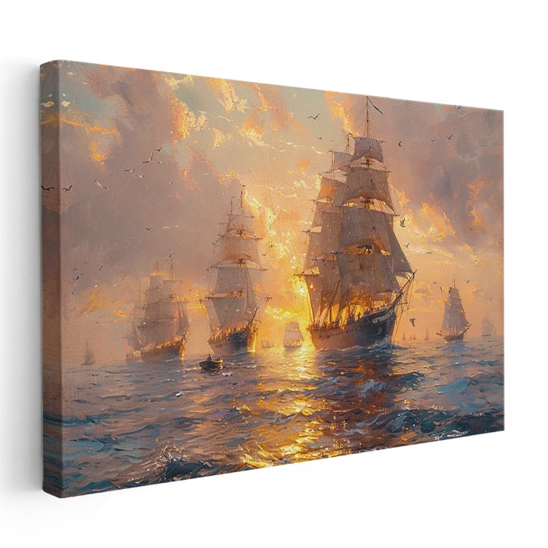 Yelkenli Gemiler - Gün Batımında Denizde Yolculuk Kanvas Tablo