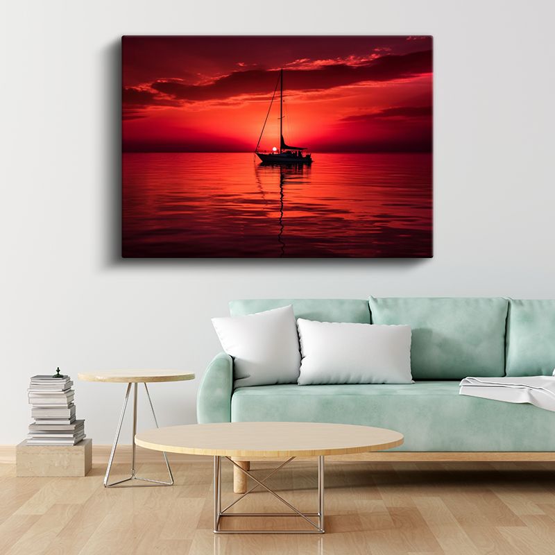 Yelkenli Tekne - Kızıl Gün Batımında Yalnız Seyir Kanvas Tablo