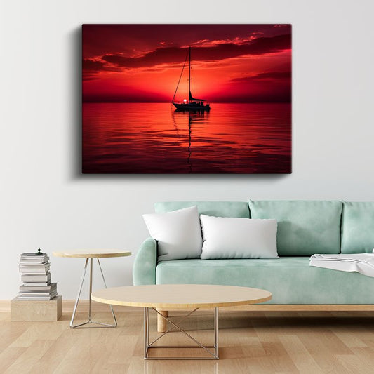Yelkenli Tekne - Kızıl Gün Batımında Yalnız Seyir Kanvas Tablo