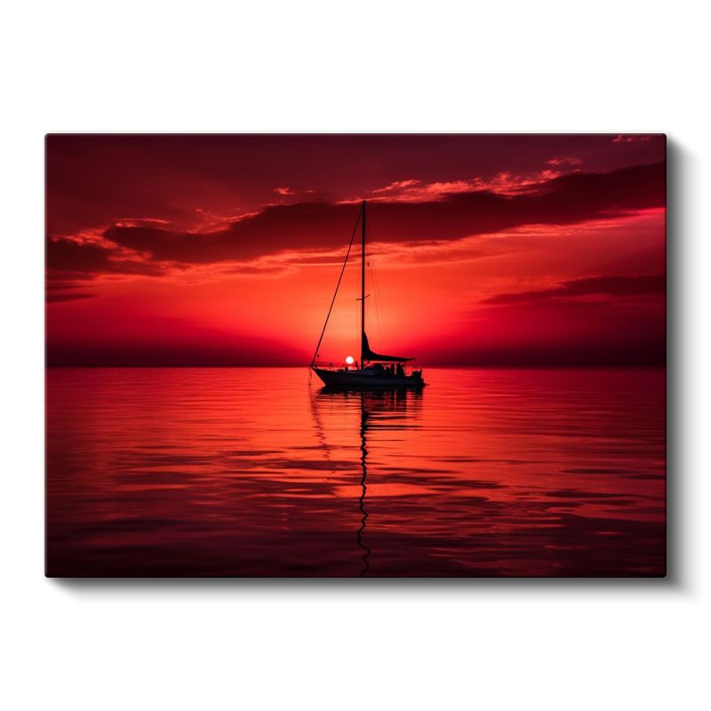 Yelkenli Tekne - Kızıl Gün Batımında Yalnız Seyir Kanvas Tablo