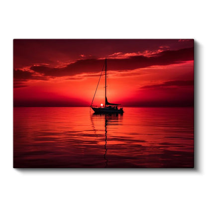 Yelkenli Tekne - Kızıl Gün Batımında Yalnız Seyir Kanvas Tablo