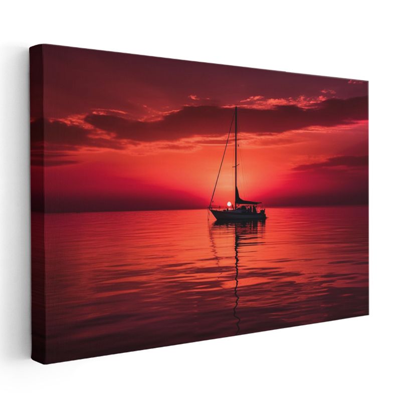 Yelkenli Tekne - Kızıl Gün Batımında Yalnız Seyir Kanvas Tablo