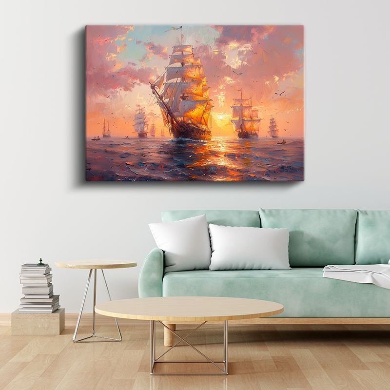 Yelkenli Gemiler - Altın Rengi Gün Batımında Filo Kanvas Tablo