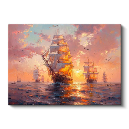 Yelkenli Gemiler - Altın Rengi Gün Batımında Filo Kanvas Tablo