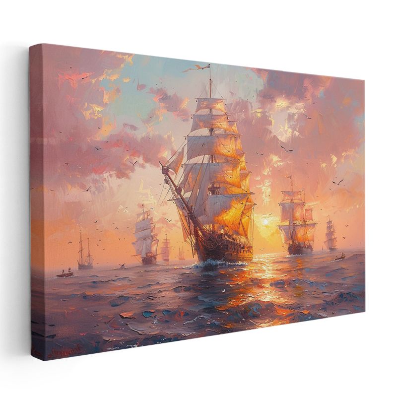 Yelkenli Gemiler - Altın Rengi Gün Batımında Filo Kanvas Tablo