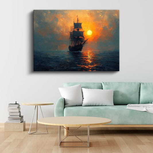 Yelkenli Gemi - Güneş Batarken Okyanus Seyri Kanvas Tablo
