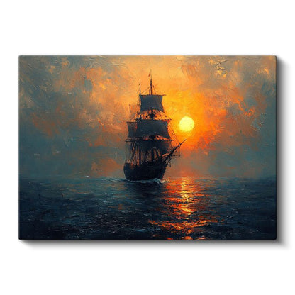 Yelkenli Gemi - Güneş Batarken Okyanus Seyri Kanvas Tablo
