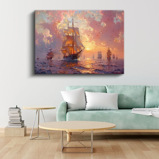 Yelkenli Gemiler - Pembe Gökyüzünde Deniz Yolculuğu Kanvas Tablo