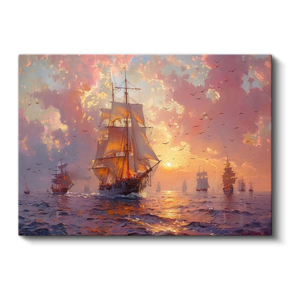 Yelkenli Gemiler - Pembe Gökyüzünde Deniz Yolculuğu Kanvas Tablo